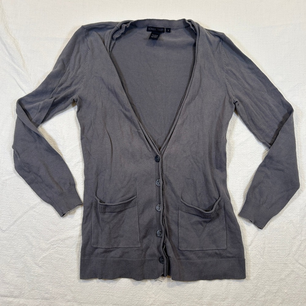 Nomadic Traders Womens Gray V-Neck Button Front Cardigan Sweater Pockets Small